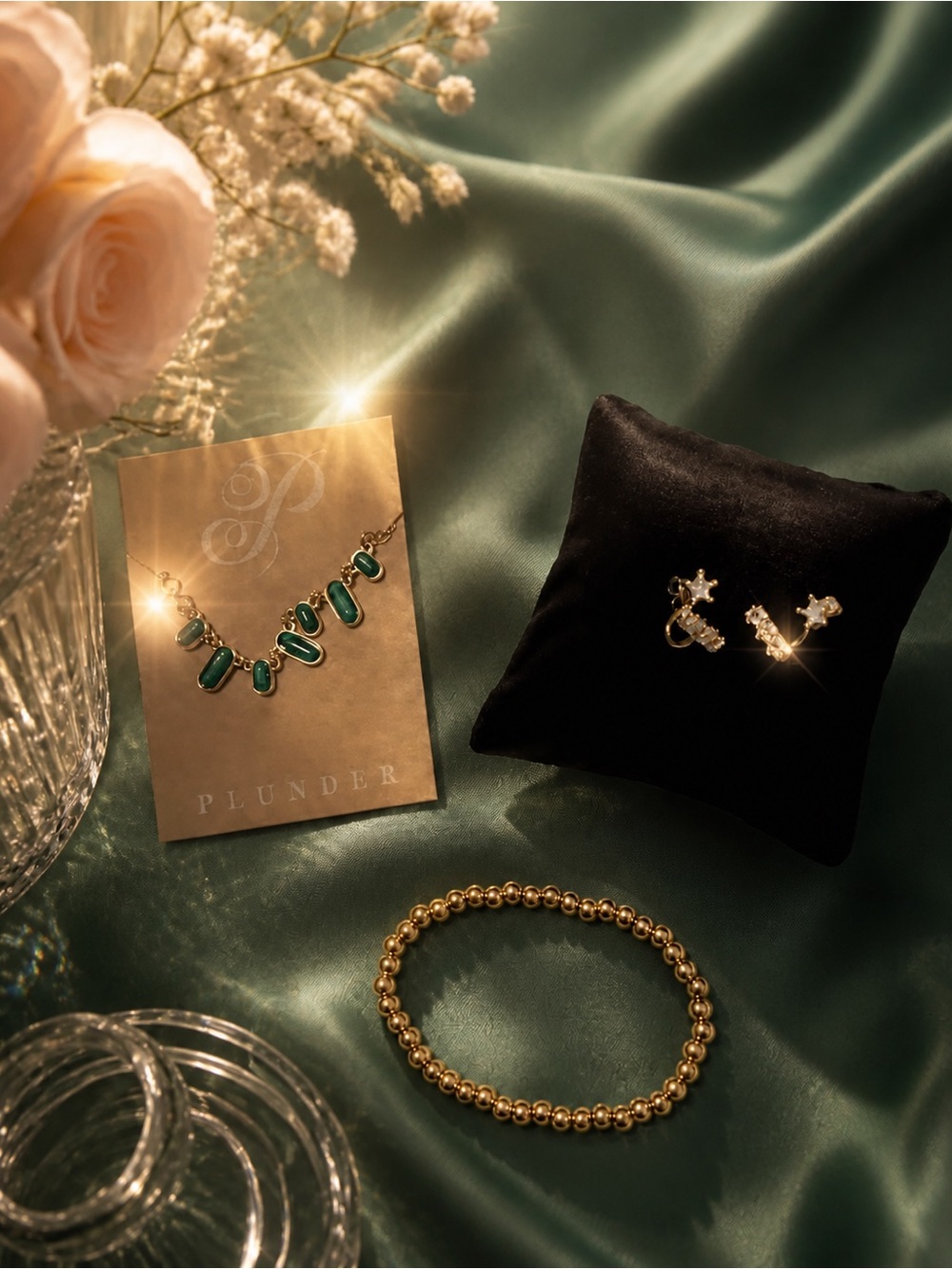 Gold necklace with Faux Malachite green stones